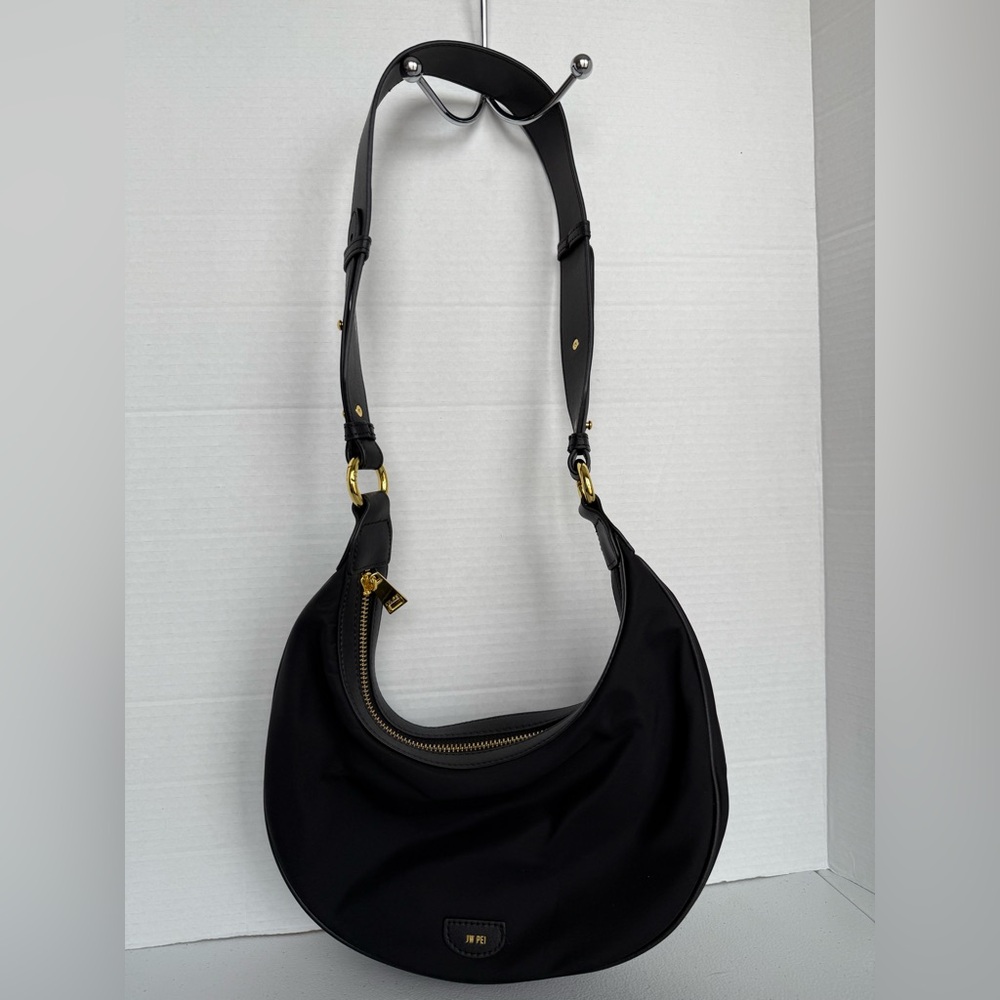JW PEI Crescent Shoulder Black Bag Gold Hardware Gold Logo